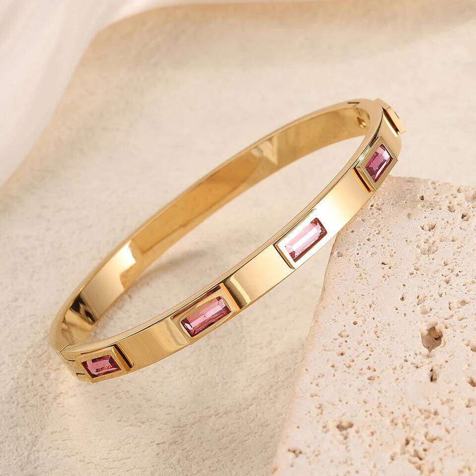 ZAKOL Luxury Pink Geometric Zircon Stainless Steel Bracelets for Women Gold Color Open Bangle Anniversary Jewelry Gifts 2025 New
