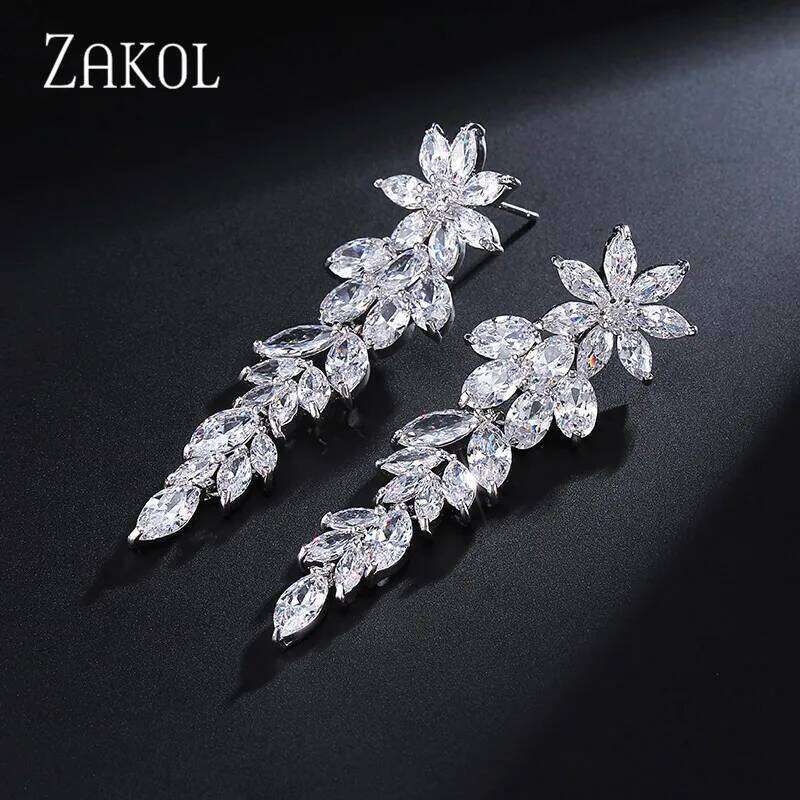ZAKOL Luxury Marquise Cluster Flower Shape Cubic Zirconia Long Dangle Drop Earrings for Brides Wedding Jewelry