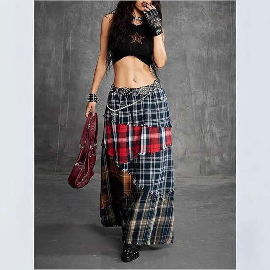 Women's A-Line Cake Waist Casual Midi Draped Flared Elastic Drawstring Patchwork Plaid Fringe Hem Punk Vintage for Casual Wear