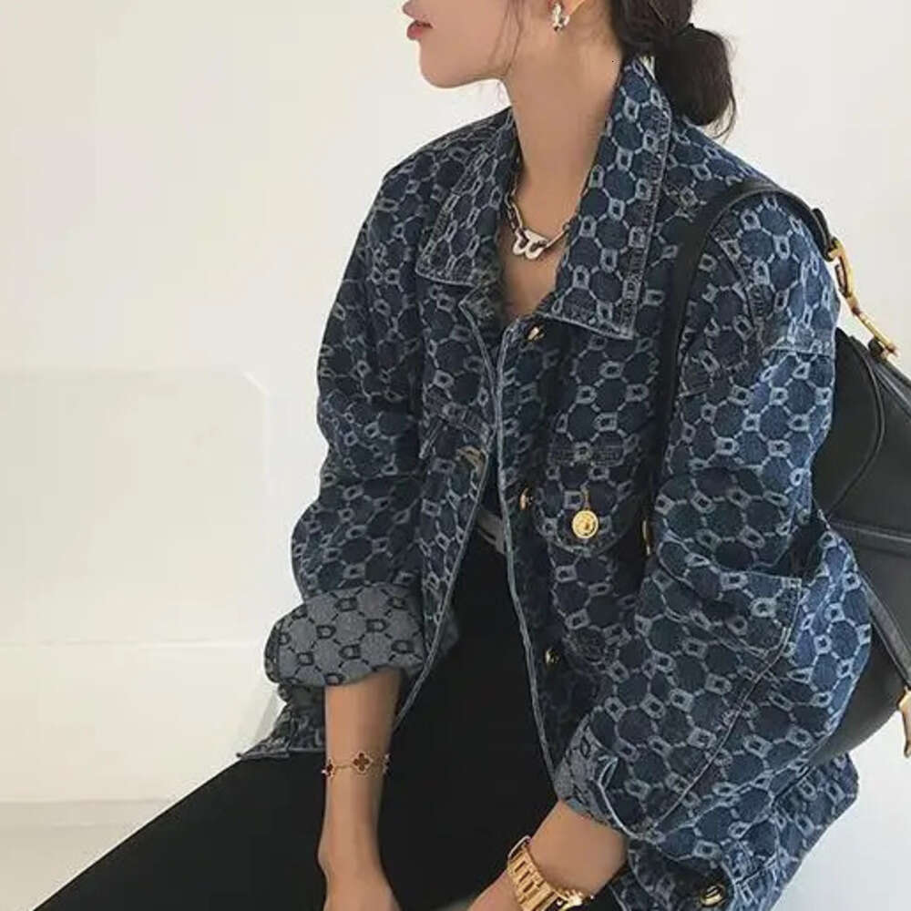 Women's Loose Designer Fashion 2026 New Stitched POLO Collar Button Casual Jacquard Long Sleeve Denim Jacket