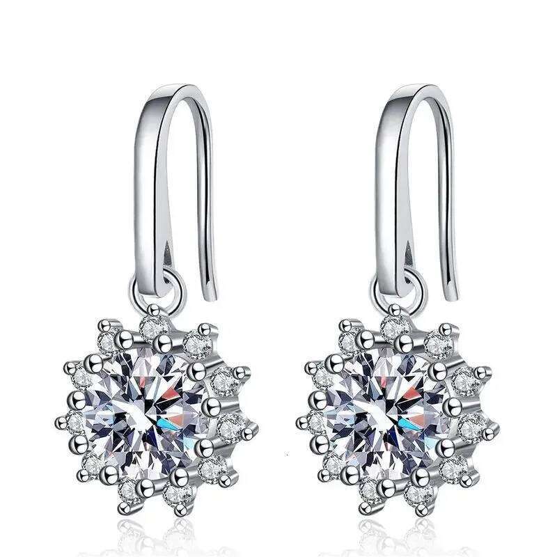 18K gold inlaid diamond ear hook minimalist sunflower PT950 platinum earrings, 1-Ct moissanite classic earrings 0d3