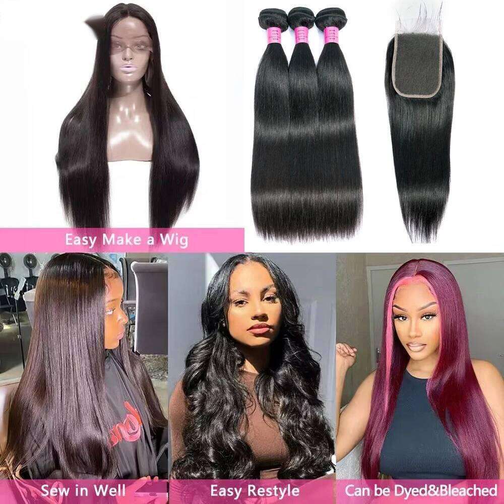 Straight Human Closure 2X6 4X4 Raw Brazilian Hair Extensions Weave 3 4 Bundles With 13X4 Transparent Frontal VMS