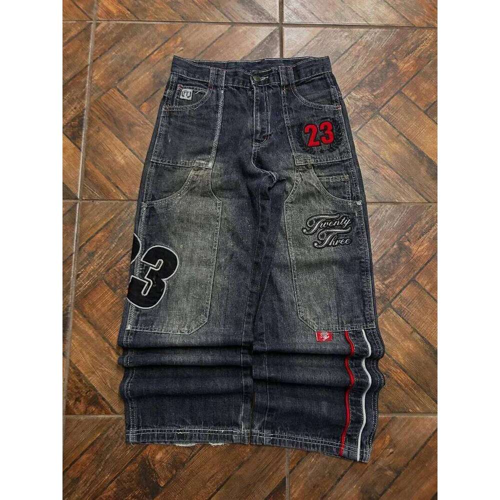 Y2K Fashion Letters Embroidered Big Pockets Washed Baggy Jeans Women High Street Vintage Hip Hop Popular Wild Wide-leg Pants