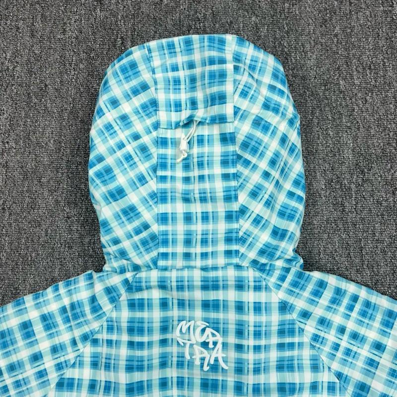 Men's Jackets Mesh Blue Green Plaid Zipper Hooded Jacket Men Women Letters Embroidery Label Slanted Quick Dry Loose Windproof