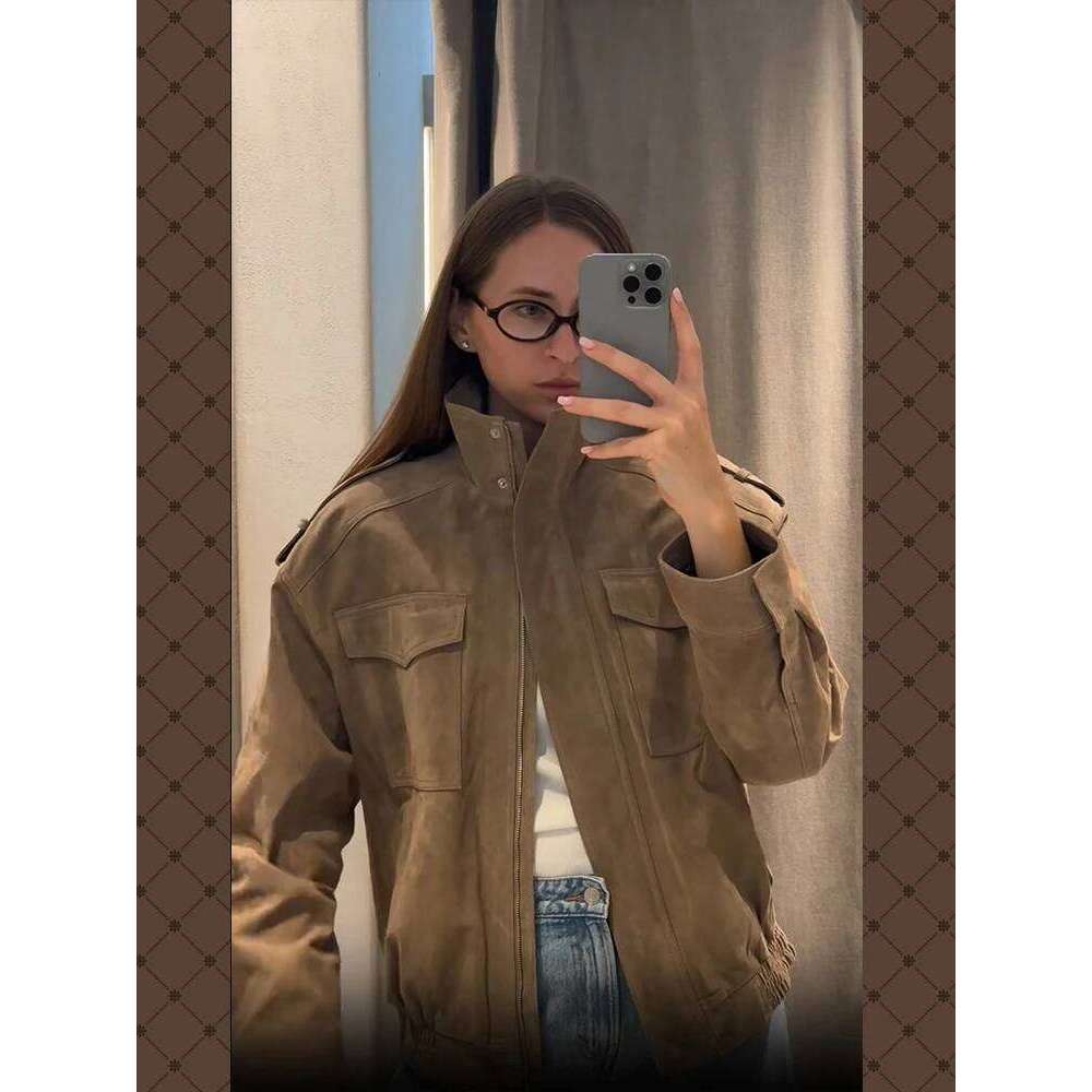 Brown Oversized Suede Women Fashion Long Sleeve Pockets Zipper Loose Bomber Jacket 2025 Winter Lady High Street Outwear
