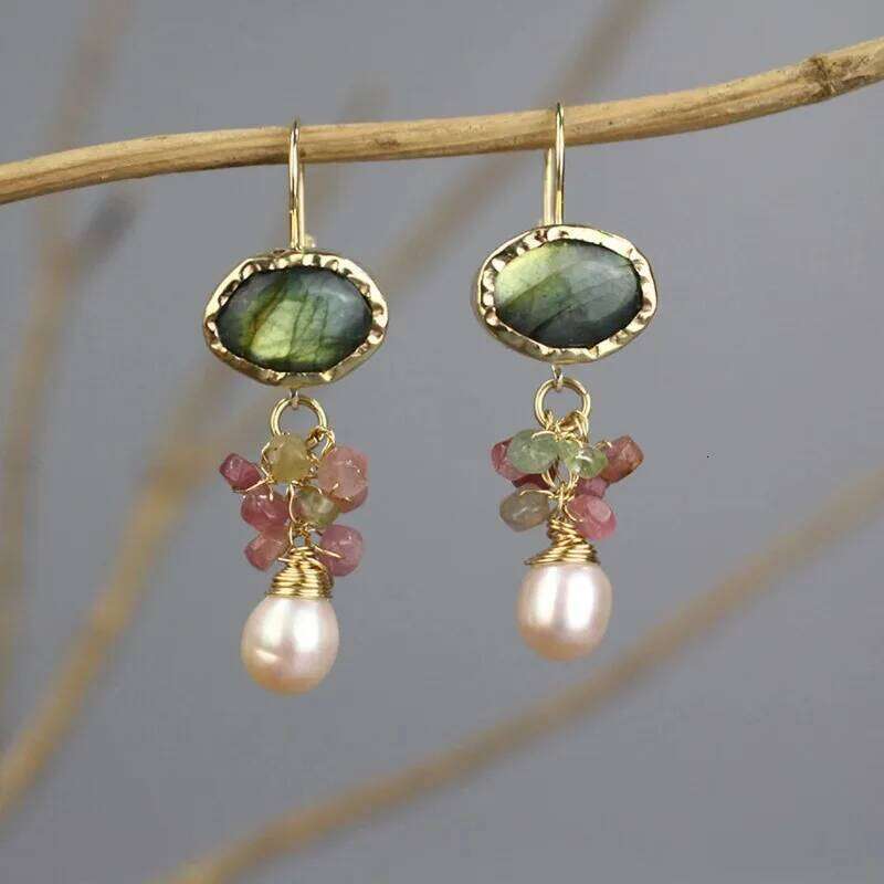 Vintage Round Inlaid Green Stone Imitation Pearl Geometric Creativity Gold Color Dangle Earrings for Women Jewelry C251227