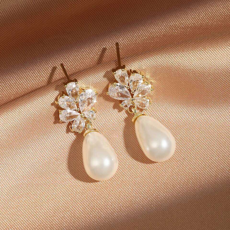 ZAKOL Delicate Chunky Teardrop Imitation Pearl Zircon Drop Earrings for Women White Gold Color Sparkling Crystal Bridal Earring