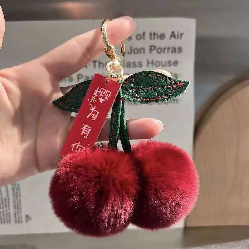 ZAKOL New Cute Fluffy Rex Rabbit Fur Ball Pompom Leaf Keychain Cherry Handbag Car Key Chain Ring Gift