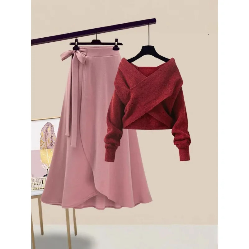 Autumn plus Size Womens Fashionable Slim Fit Cross Sweater High Waist Mini Skirt Two Piece Set Korean Style Streetwear 251219