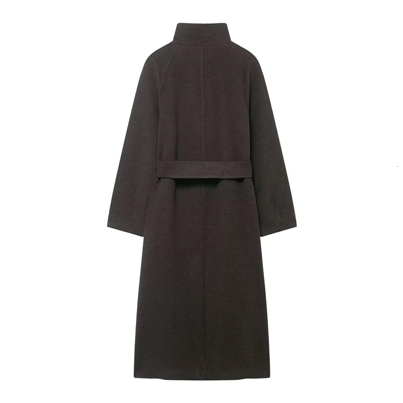 2Piece Womens Long Trench Coat Set Dark Grey Black Stand Collar with Waist Belt ButtonUp Wool Blend Outerwear 251216