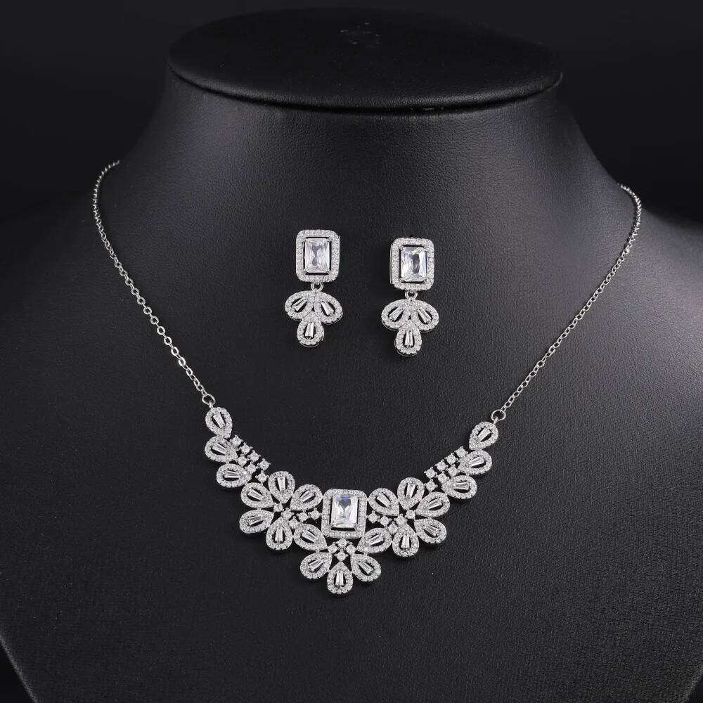 ZAKOL Classic Geometric Water Drop Full Big Zircon Earrings Necklace Set for Women Luxury Sparkling Bridal Wedding Jewelry