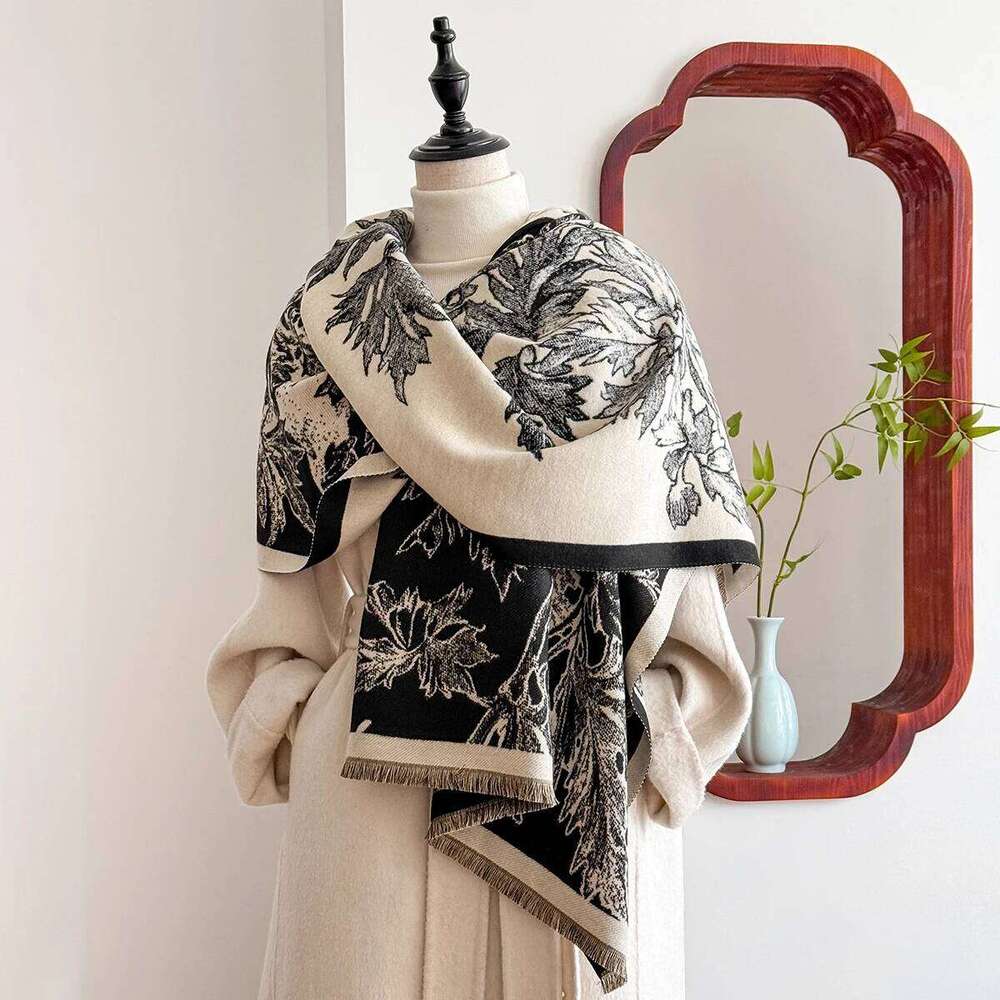 Elegant Floral Jacquard Shawl for Women Winter Thick Warm Double Sided Tassel Design Coldproof Windproof Blanket Scarf 25M1229