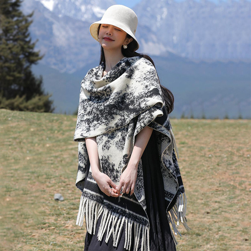 High-End Fashionable Ink Painting Shawl For Women Autumn And Winter Season, Premium Feel, Imitation Cashmere Scarf, Thick