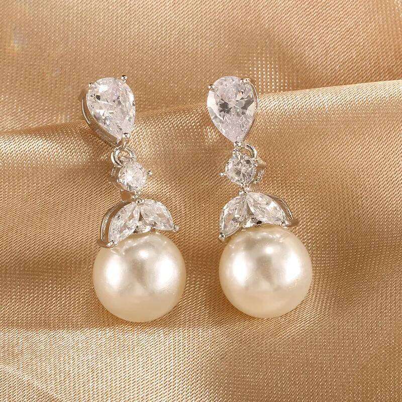 ZAKOL Elegant Imitation Pearl Water Drop Zirconia Earrings for Women Luxury Sliver Color Bridal Wedding Jewelry