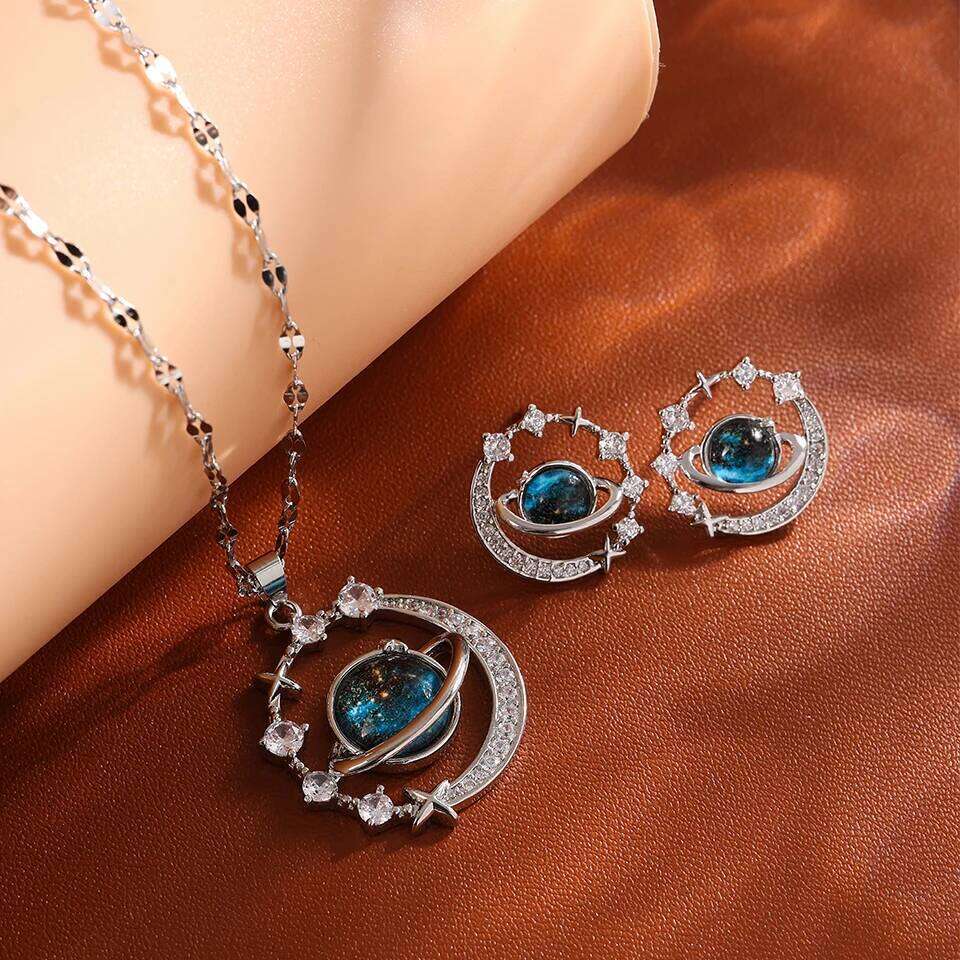 ZAKOL 2Pcs Titanium Steel Planet Round Earring Necklace Sets for Women Niche Fashion Female Birthday Jewelry Gift
