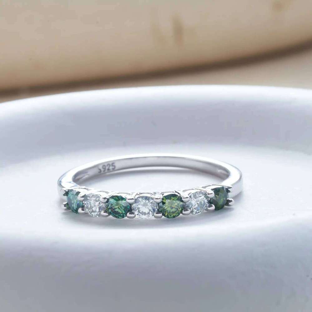 100% Green Moissanite Band Sterling Silver Wedding Rings VVS1 Diamond Half Eternity Stackable Ring for Women 583