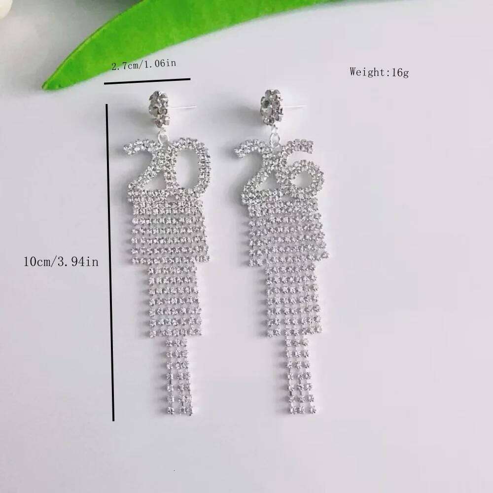 Full Rhinestone Crystal Flower Number 2026 Long Tassel Asymmetric Drop Dangle Earrings Near Year Party Gift For Women Christmas
