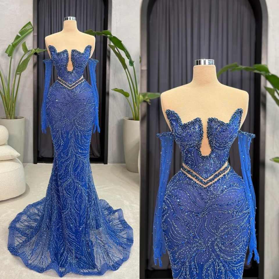 Exquisite Mermaid Evening Dress Strapless Long Sleeve Prom Gowns Charming Crystal Beaded Floor Length Party Dresses Customized
