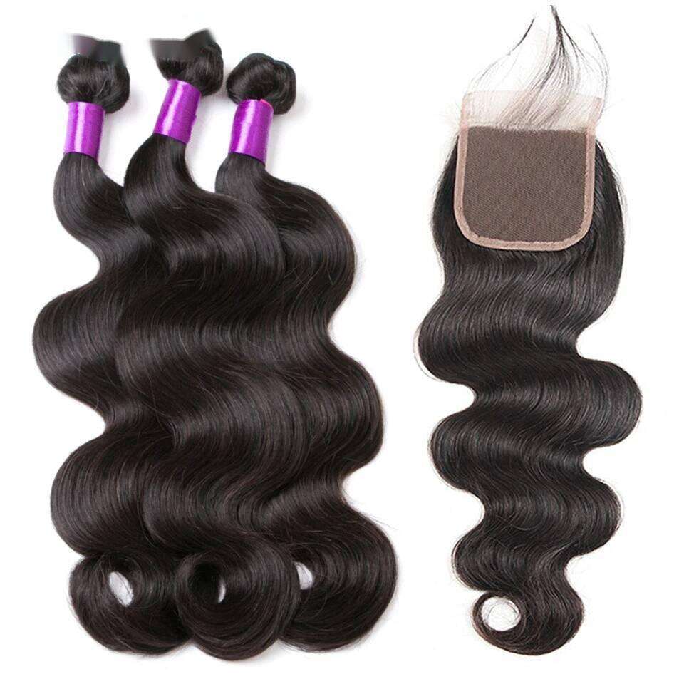 Body Wave Brazilian Human Weave Hair Extension 3/4 Bundles With Closure VMS