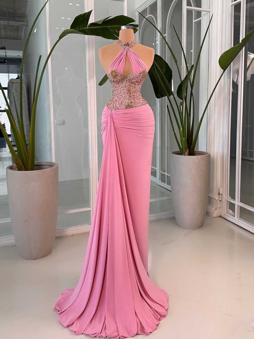 Luxury Halter Sequined Evening Dresses Sexy Sleeveless Rhinestones Mermaid Prom Dress Customized Floor Length Party Gown