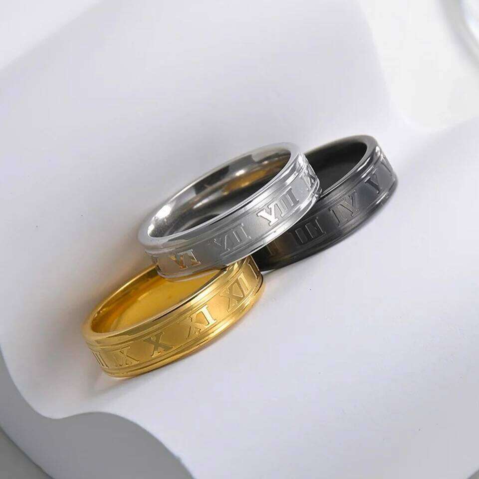 ZAKOL 6MM Width Vintage Roman Numbers Stainless Steel Slivery Golden Black Couple Ring For Men Woman Jewelry Gifts
