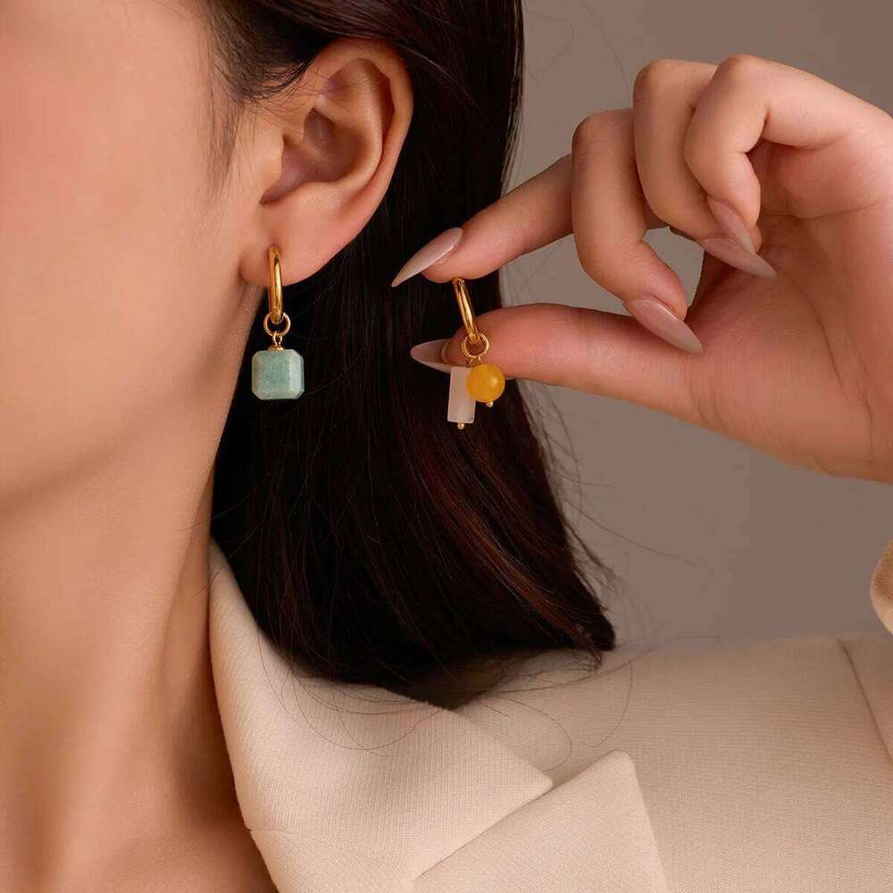 ZAKOL Vintage Natural Stone Agate Drop Simple Crystal Bead Asymmetric Earrings Bohemia Titanium Steel Jewelry for Women