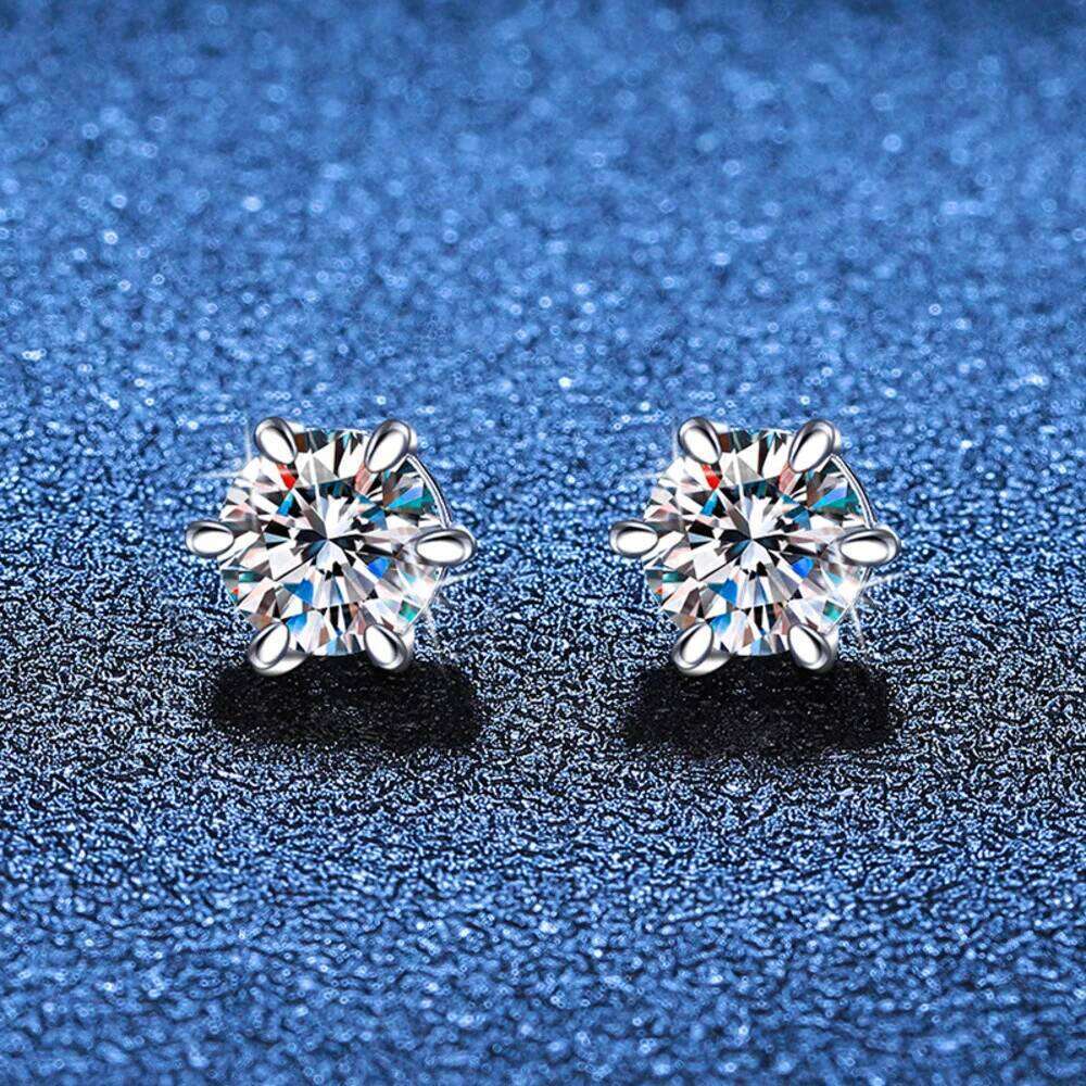 JOIAS HOME S925 Sterling Silver Hole Magnetic Classic 6-claw Ear-studs 1CT Moissanite Earrings for Women Cool Man's Ear Jewelry 04c