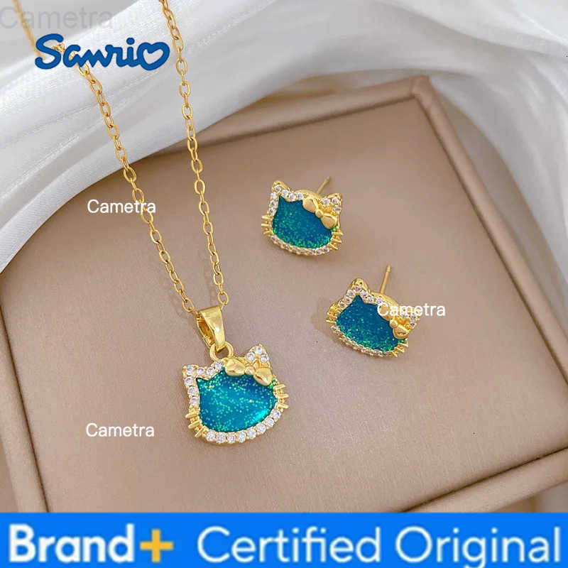 Sanrio Dreamy Blue Zircon Hello Kitty Pendant Necklace Stud Earrings for Women Girl Cute Charm Stainless Steel Chain Jewelry Set H251229