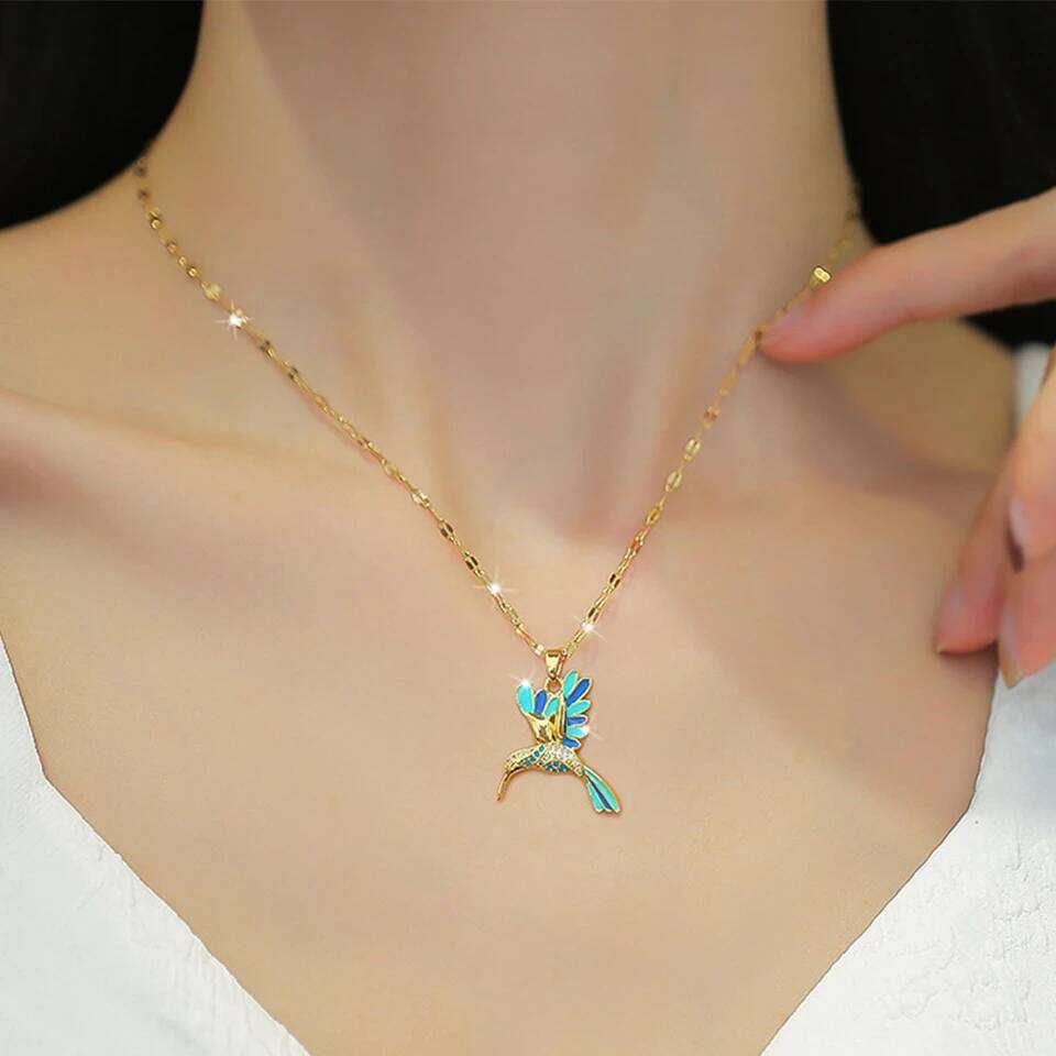 ZAKOL Cute Inlaid CZ Blue Woodpecker Necklace Titanium Stainless Steel Gold Color Chain Animal Pendant Choker Accessories