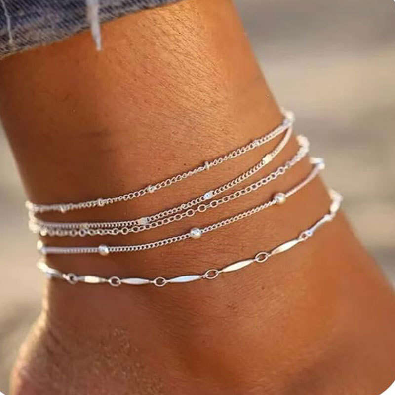 New Beach Foot Jewelry 4-Piece Set for Women Vintage Multi-Layer Stacked Anklet Fashion Simple Ins Style Accessories
