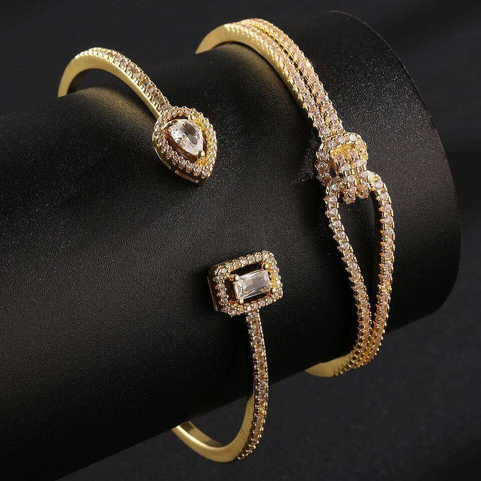 ZAKOL 2 Pcs Brilliant AAA Cubic Zirconia CC Shape Open Bracelet Water Drop Crystal Zircon Bangle Women's Wedding Jewelry
