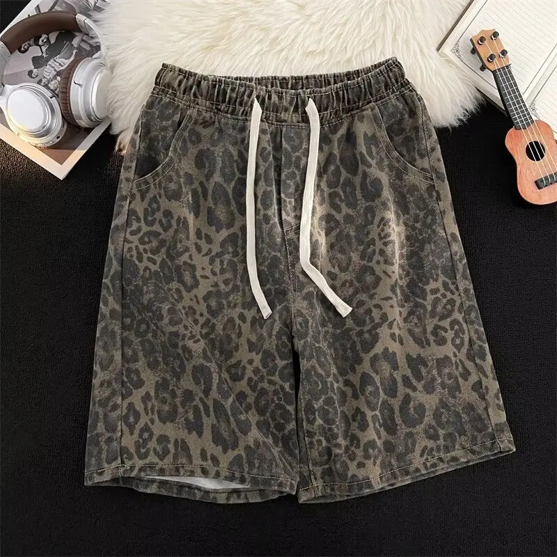 American Retro Leopard Print Casual Shorts Male Trendy Hip-Hop Street Loose Straight-leg Fifth Jeans Drawstring Pocket Shorts 251223