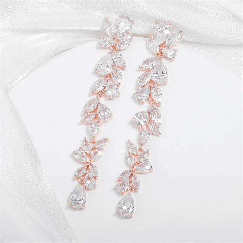 ZAKOL Luxury Leaf Cubic Zirconia Long Earrings For Women Elegant Shiny CZ Bridal Earring Party Wedding Jewelry