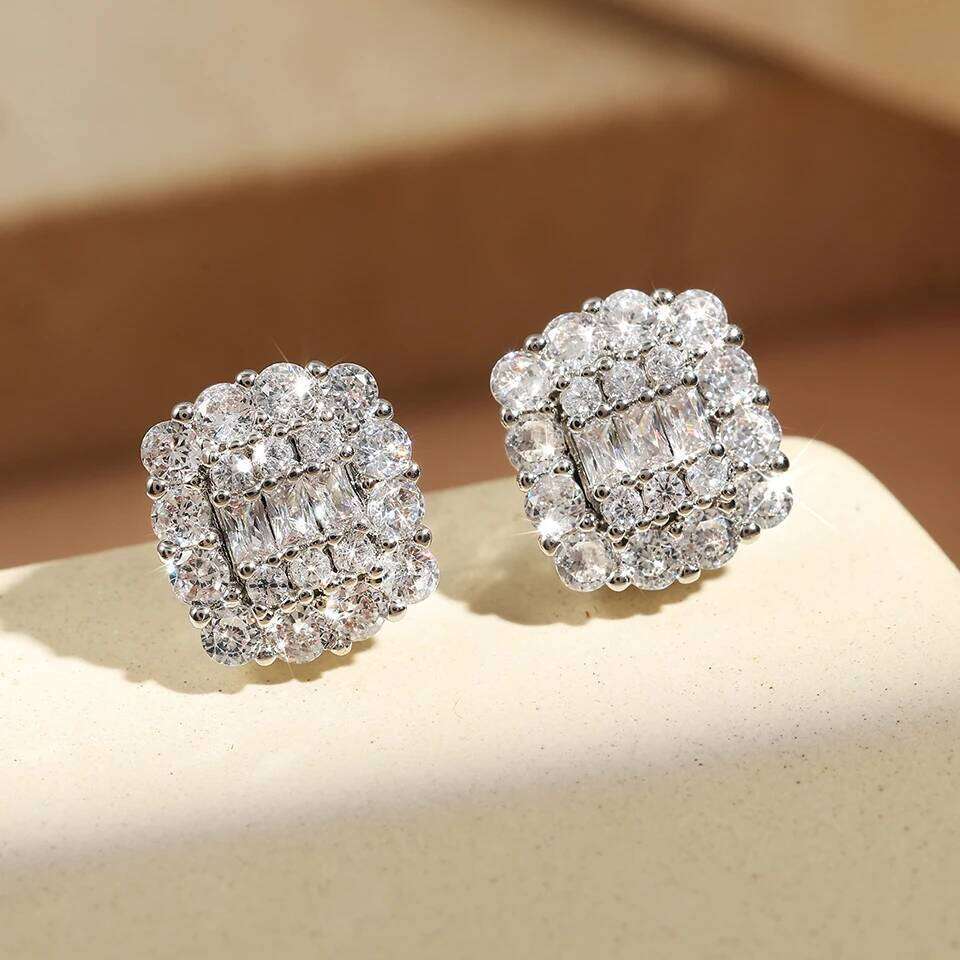 ZAKOL Shiny Clear Iced Out Zircon Stud Earrings for Women Geometric Square Buling Crystal CZ Jewelry Gift