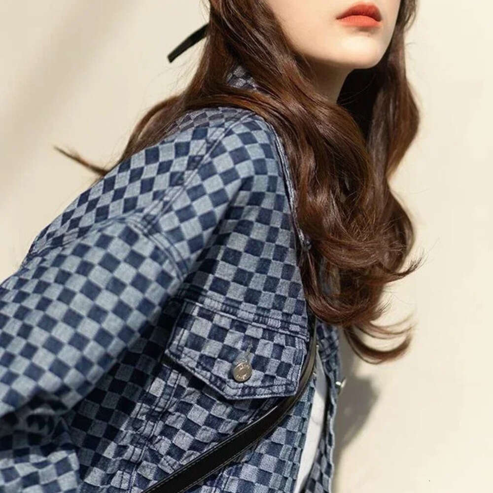 Spring Autumn Check With Print Graphic 2026 Designer Fashion Outerwears Blue Mix Color Female Jeans Coat Women's Denim Jackets Chic And Elegant L