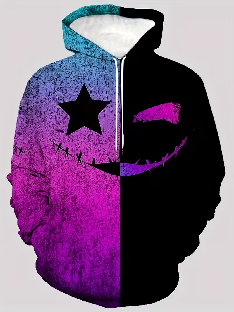 Streetwear Contrast-Color Men's Hoodie Purple-to-Black Gradient Star & Smiley Print Relaxed-Fit Oversized Hooded Sweatshirt with Unique Street St