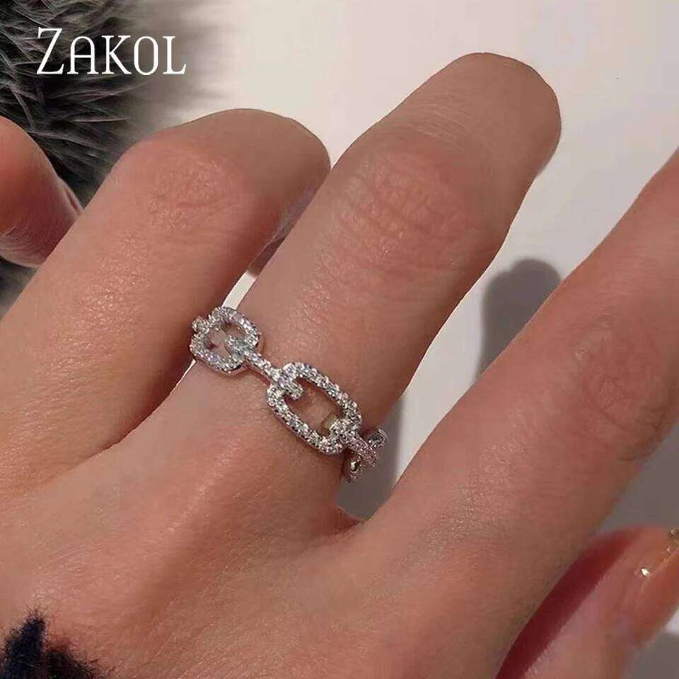 ZAKOL Fashion Cuban Link Chain Rings for Women Buling Micro Pave Zirconia Finger Ring Engagement Jewelry