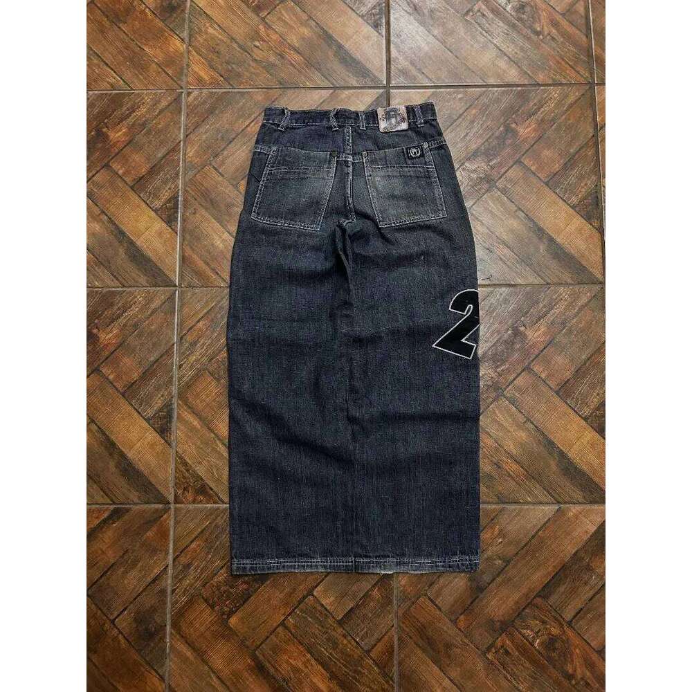 Y2K Fashion Letters Embroidered Big Pockets Washed Baggy Jeans Women High Street Vintage Hip Hop Popular Wild Wide-leg Pants