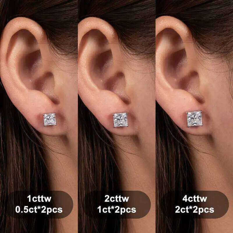 1 pairs Princess Cut Moissanite Stud Earrings For Women Men's Ear Studs Unisex D color VVS 1CT 2CT S925 Sterling Silver Jewelry a10