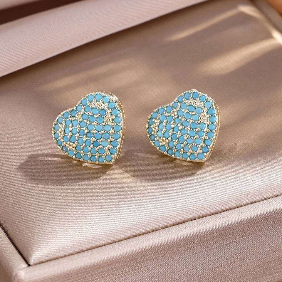 ZAKOL New Arrival Blue Turquoise Heart-shaped Stud Earrings for Women Creative Shiny Stone Ear Accessories Party Gift