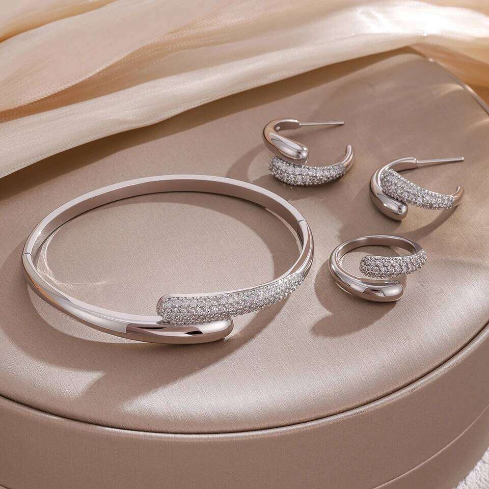 ZAKOL 3Pcs/Set Micro-inlaid Zircon Water Drop Open Bracelet Ring Earrings Set for Women Luxury Wedding Party Jewelry Sets