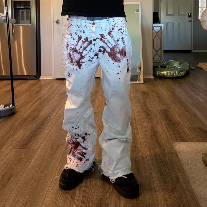 Y2K Harajuku White Men Baggy Jeans Retro Horror Blood Handprint Printed Fashionable High Street Hip Hop Unisex Wide Leg Pants 251225CJ