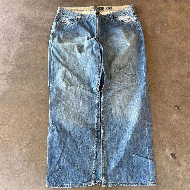 Gothic New Fashion Geometric Embroidery Baggy Men Y2K Harajuku Hip Hop Popular Vintage Straight Couple Wide-leg Jeans