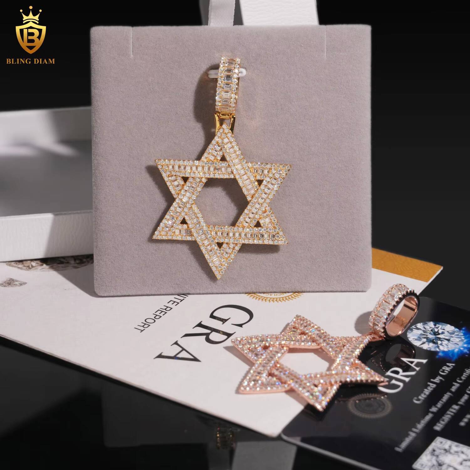 Hip Hop Moissanite Jewelry Hexagram Charm Pendant Solid 925 Silver Baguette Cut Moissanite Pendant Jewelry Iced Out Pendant GRA