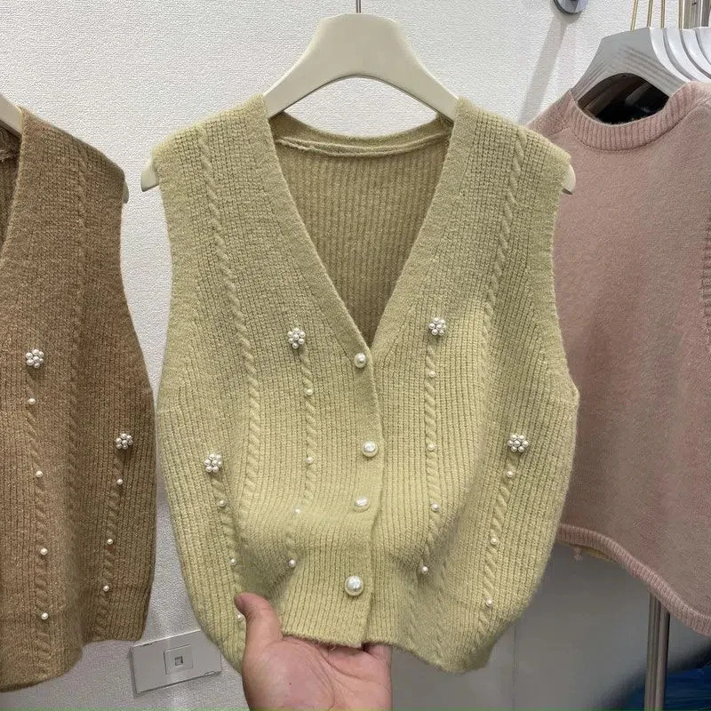 Womens Clothing Autumn Winter Sleeveless Solid Color Flower Sweater Knitted Cardigan Coats Beaded Fashionable Casual Tops 251219