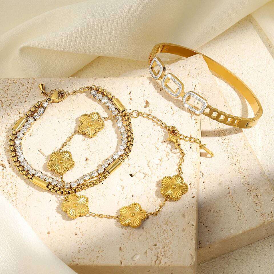 ZAKOL 3Pcs Gold Color Stainless Steel Stacked Bangles for Women Geometric Five-Leaf Flower Zircon inlaid Bracelet Gift