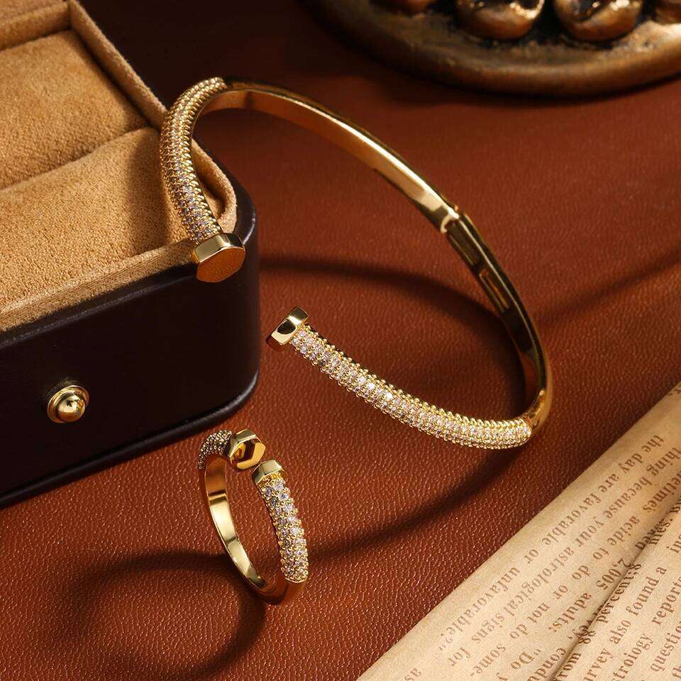 ZAKOL Shiny Micro Zircon Nail Head Adjustable Bracelet Ring Luxury Copper Metal 18K Gold Color Wedding Engagement Jewelry