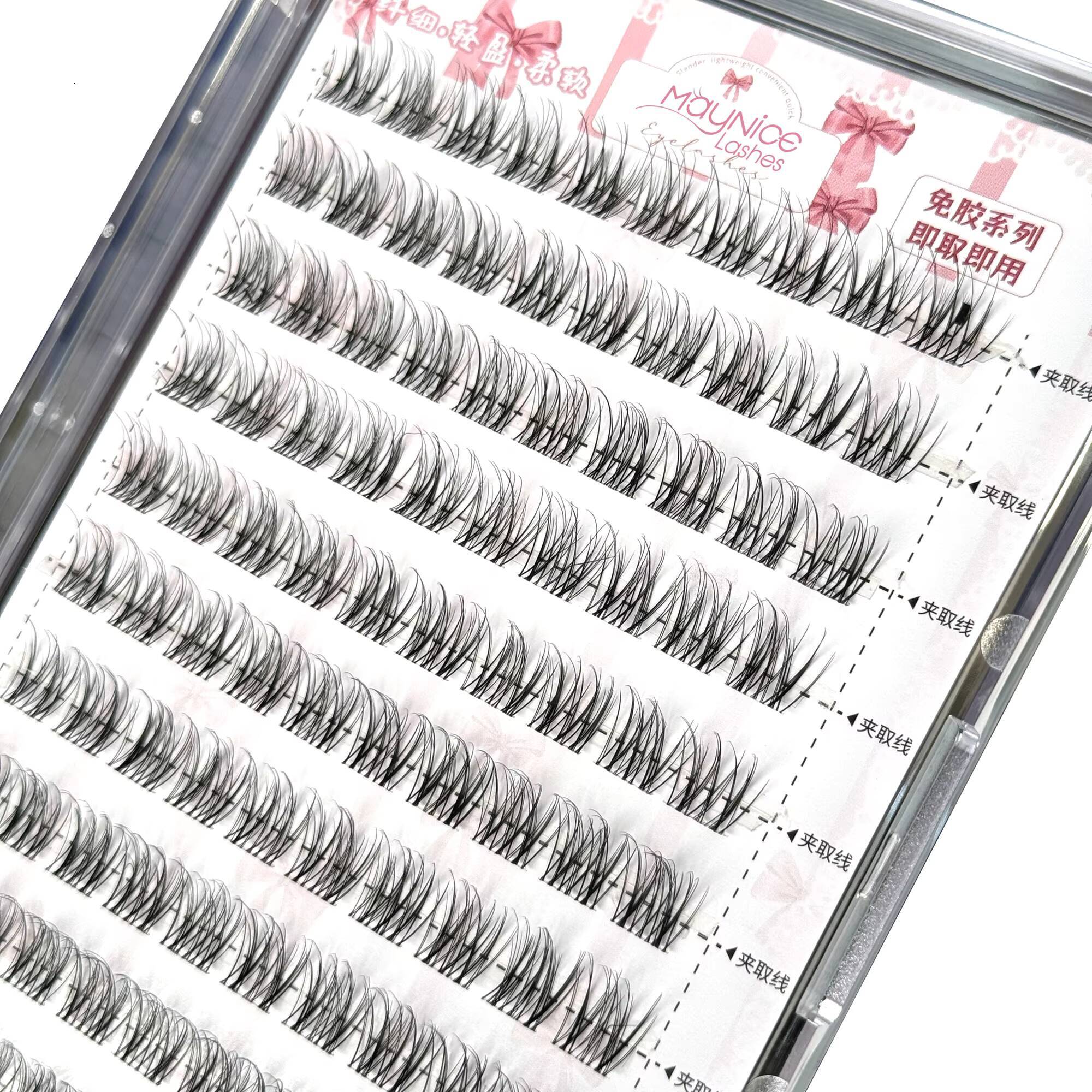 Hot Selling Luxury Clear Band Thin Base Press-on 3D Effect Cluster Eyelashes Custom Feather Style False Eyelashes