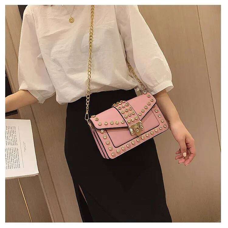 Designer Clutch Purses And Handbags For Women Rivets Dia Leather Flap Small Square Bags Chain Shoulder Messenger Bag LEMON KOKO