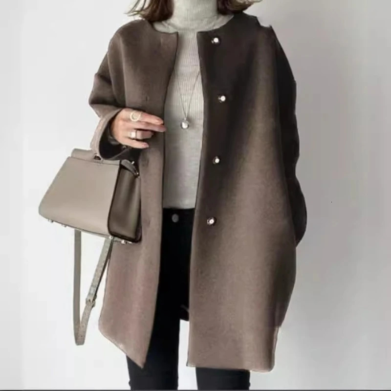 Womens HighQuality Straight Woolen Coat Autumn Winter Temperament Solid Color Simple Top Jacket for 2025 251216